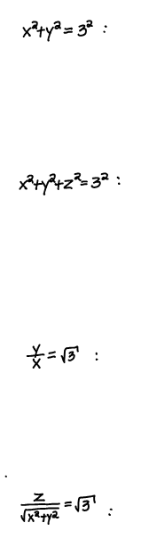 <p><span>eg. express in cyl/sph coords, name type of surface</span></p>