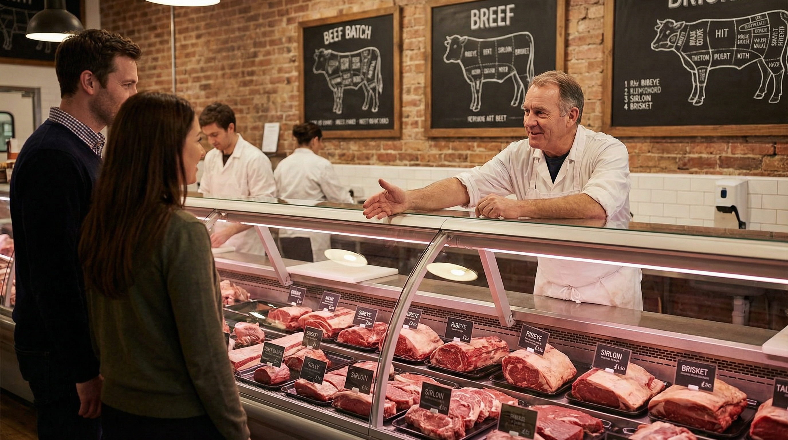 <p>I buy meat at the <strong>butcher’s</strong>.</p>