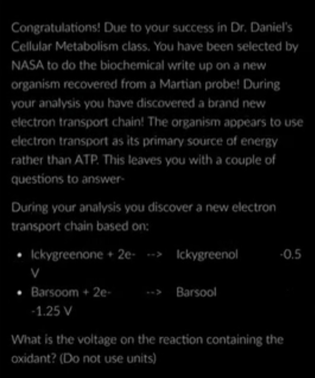 <p>What is the voltage on the reaction containing the oxidant? (Do not use units)</p>