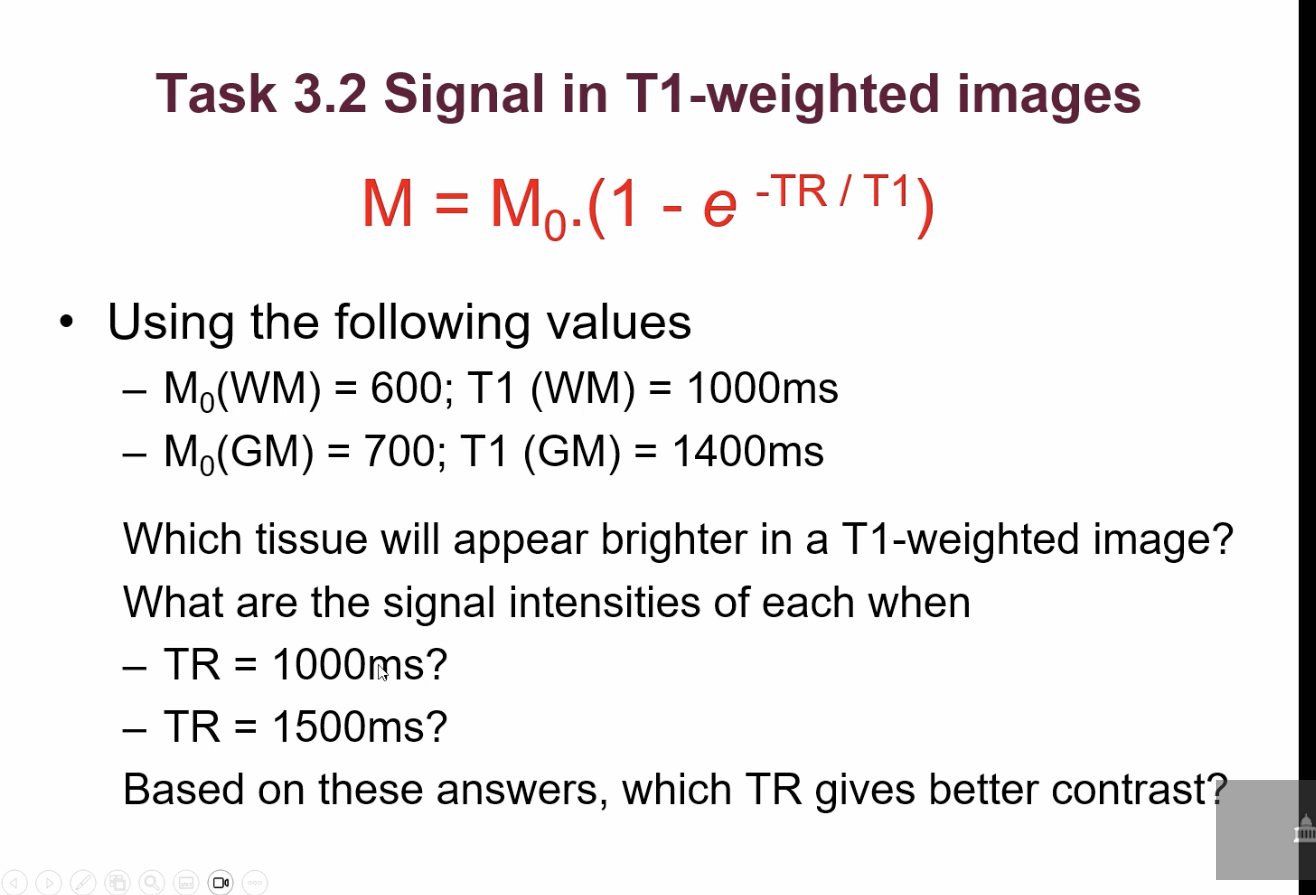 <p>what is the equation to calculate signal in T1 weighted image?</p>