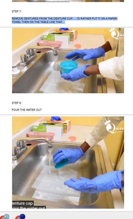 <p>PUT <span style="background-color: transparent;">IT ON A PAPER TOWEL THEN ON THE TABLE LIKE THAT…</span></p><p></p><p><span style="background-color: transparent;">POUR THE WATER OUT OF THE DENTURE CUPS</span></p><p></p>
