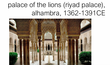 <p>water = arc element = resoviour = outside city = Palace of Lions</p><p>every ruler built smyt here</p><ul><li><p>even Charles V = used crude geometry </p></li></ul><p></p>