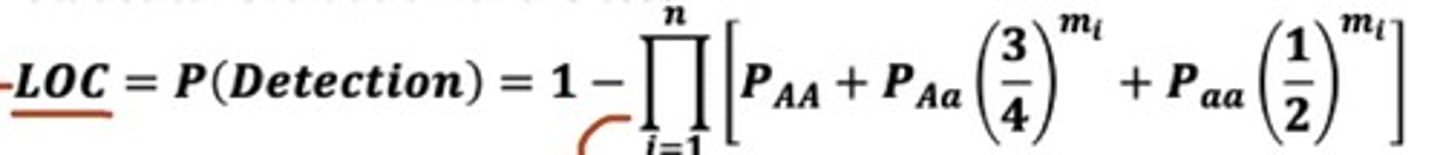 <p>*Probability of detection (not a clean test) of heterozygote in a progeny test</p><p>Ex: LOC=0.81 81% probability an Aa parent would have produced greater than/equal to 1 aa progeny if mated to the same test mates</p><p>-Independent test mates </p><p>-Passes the test if phenotypically dominant animal only produced phenotypically dominant progeny</p><p>-large pi: multiply parentheses (for each test mate) and subtract product from 1 </p><p>-n: number of test mates(# of parentheses; Increasing # of progeny/ test mates statistically makes test better)</p><p>-mi: number of progeny produced by mating with the ith test mate</p><p>-P__: probability of being the subscripted genotype</p>
