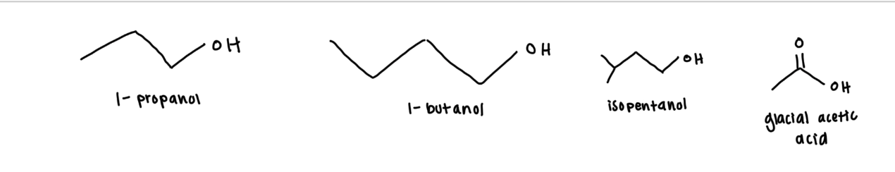 <p>alcohol: 1-propanol, 1-butanol, isopentanol</p><p>carboxylic acid: glacial acetic acid</p><p></p>