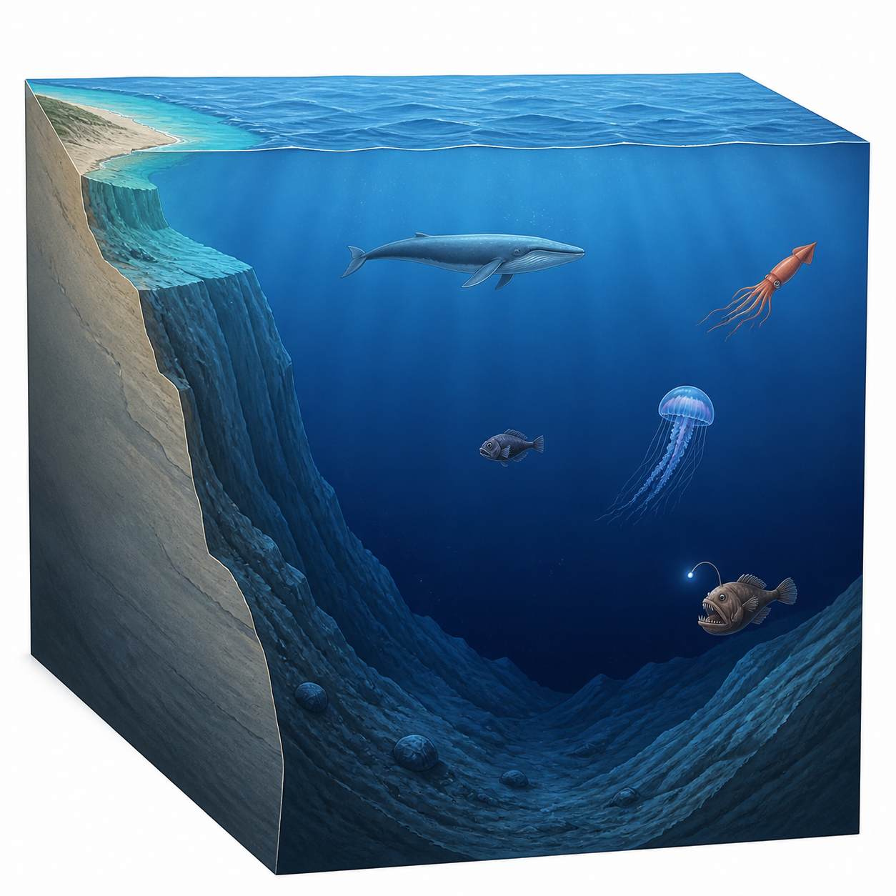 <p>The deep part of the ocean that includes the bathyal and abyssal zones.</p>