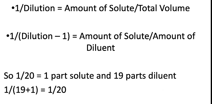 <ul><li><p>solute is the material being diluted</p></li><li><p>diluent is the medium making up rest of solution</p></li><li><p>relationship between the 2 is expressed as a ratio or fraction</p></li><li><p>equations are used to determine:</p><ul><li><p>total volume of a solution</p></li><li><p>amt of solute/diluent needed</p></li></ul></li></ul><p></p>