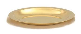 <p>small round plate of precious metal that holds the Host</p>