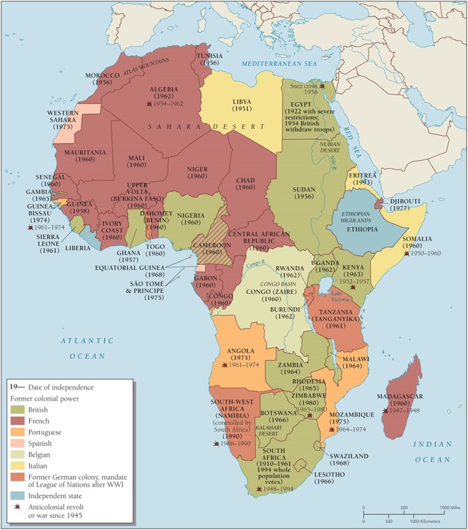 <p>According to the Decolonization in Africa Map, what were the two independent state on the African continent?</p>