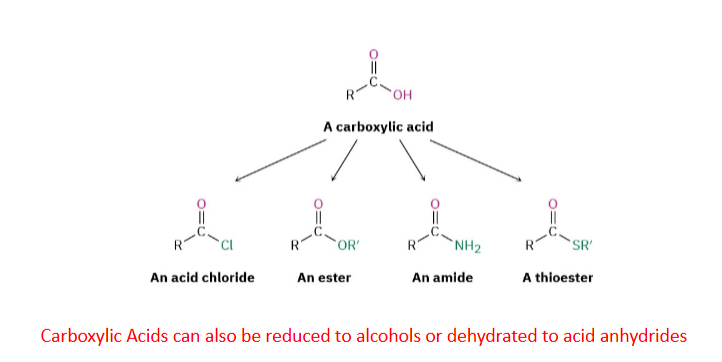 <p>C=O + OH on the same carbon</p><p>The functional group is:</p><p> –CO₂H or –COOH</p><p>Carboxylic acids can also be:</p><ul><li><p>reduced → alcohols</p></li><li><p>dehydrated → acid anhydrides</p></li></ul><p></p>