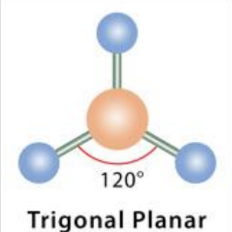 <p>trigonal planar, 120</p>