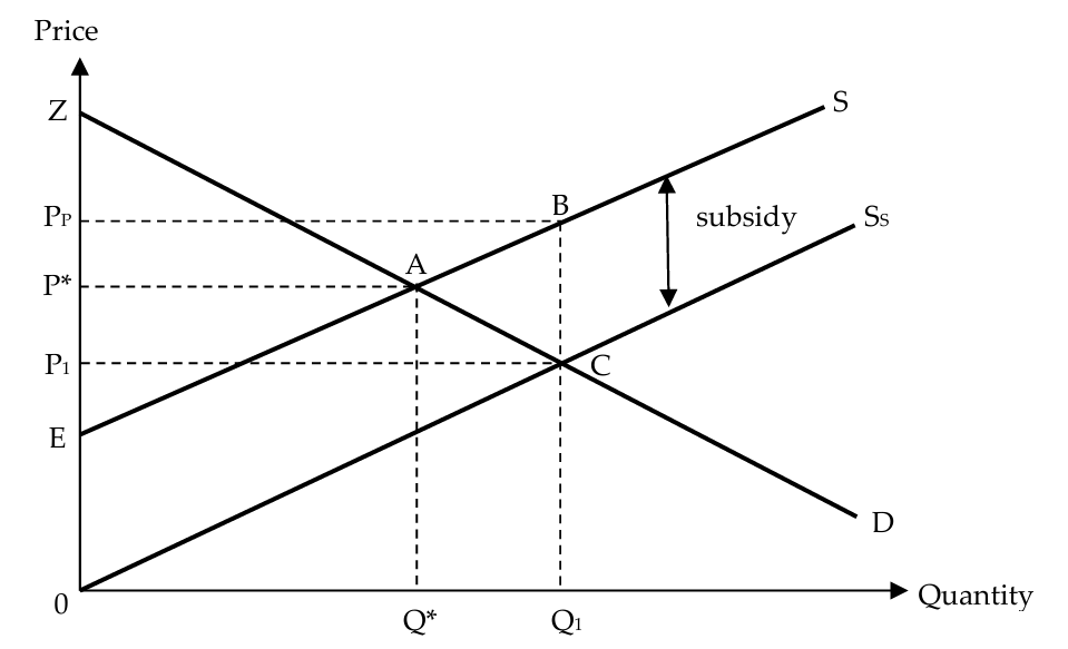 <ul><li><p>provision of an indirect subsidy will increase both consumer surplus and producer surplus</p><ol><li><p>consumer surplus increases by the area P*ACP1</p><ul><li><p>before the subsidy, the consumer surplus is represented by the area ZAP*</p></li><li><p>after the subsidy, the consumer surplus is represented by the area ZCP1</p></li></ul></li><li><p>producer surplus increases by the area PPBAP*</p><ul><li><p>before the subsidy, the producer surplus is represented by the area P*AE</p></li><li><p>after the subsidy, the producer surplus is represented by the area PPBE</p></li></ul></li></ol></li><li><p>while the subsidy expenditure by the government is given by the area PPBCP1, the total gain in consumer and producer surplus is only the combined area of P*ACP1 and PPBAP ⇒ a net loss of society’s welfare as a result of the subsidy → deadweight loss (area ABC)</p></li></ul><p></p>