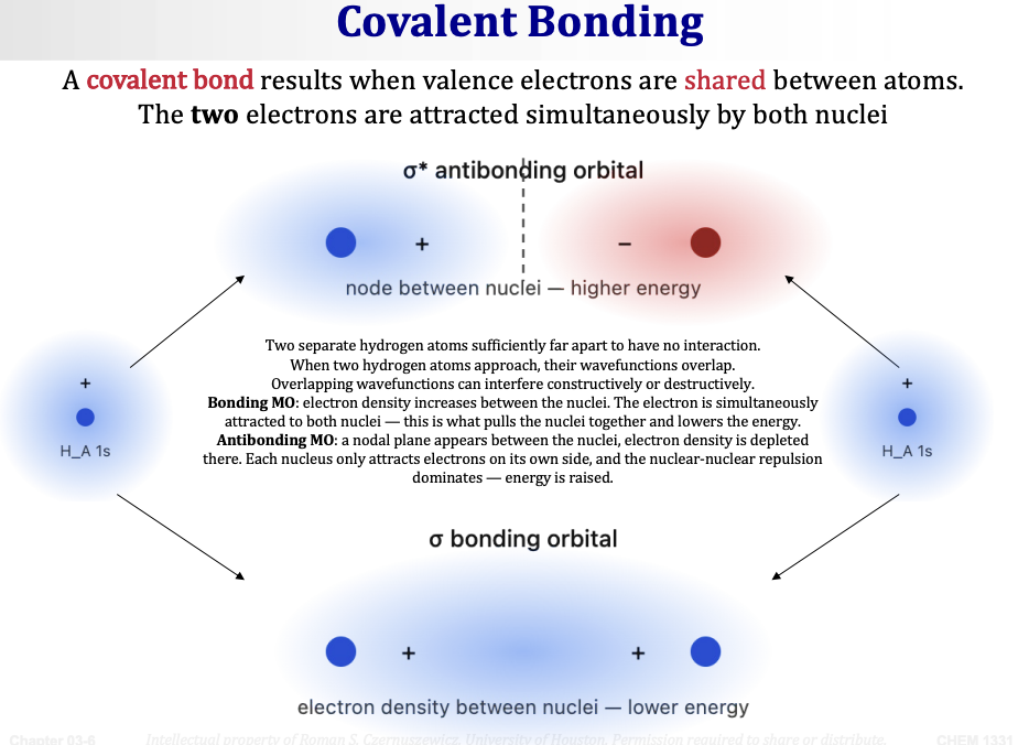 <ul><li><p><span>A <strong>covalent bond</strong> results when valence electrons are <strong>shared</strong> between atoms. The <strong>two</strong> electrons are attracted simultaneously by both nuclei.</span></p></li></ul><p>&nbsp;</p><p>How it works (using two hydrogen atoms as an example):</p><ul><li><p><span>Two separate hydrogen atoms are sufficiently far apart to have no interaction.</span></p></li><li><p><span>When two hydrogen atoms approach, their <strong>wavefunctions overlap.</strong></span></p></li><li><p><span>Overlapping wavefunctions can interfere <strong>constructively</strong> or <strong>destructively.</strong></span></p></li></ul><p>&nbsp;</p><p>Two outcomes when orbitals overlap:</p><p><span><strong>Bonding MO (σ bonding orbital):</strong></span> electron density <span><strong>increases between the nuclei.</strong></span> The electron is simultaneously attracted to both nuclei — this is what pulls the nuclei together and <span><strong>lowers the energy.</strong></span> (Good — this is the bond!)</p><p>&nbsp;</p><p><span><em>Antibonding MO (σ antibonding orbital):</em></span>* a <span><strong>nodal plane appears between the nuclei</strong></span>, electron density is depleted there. Each nucleus only attracts electrons on its own side, and the nuclear-nuclear repulsion dominates — <span><strong>energy is raised.</strong></span> (Bad — this destabilizes the bond.)</p><p>&nbsp;</p><p>&nbsp;</p>