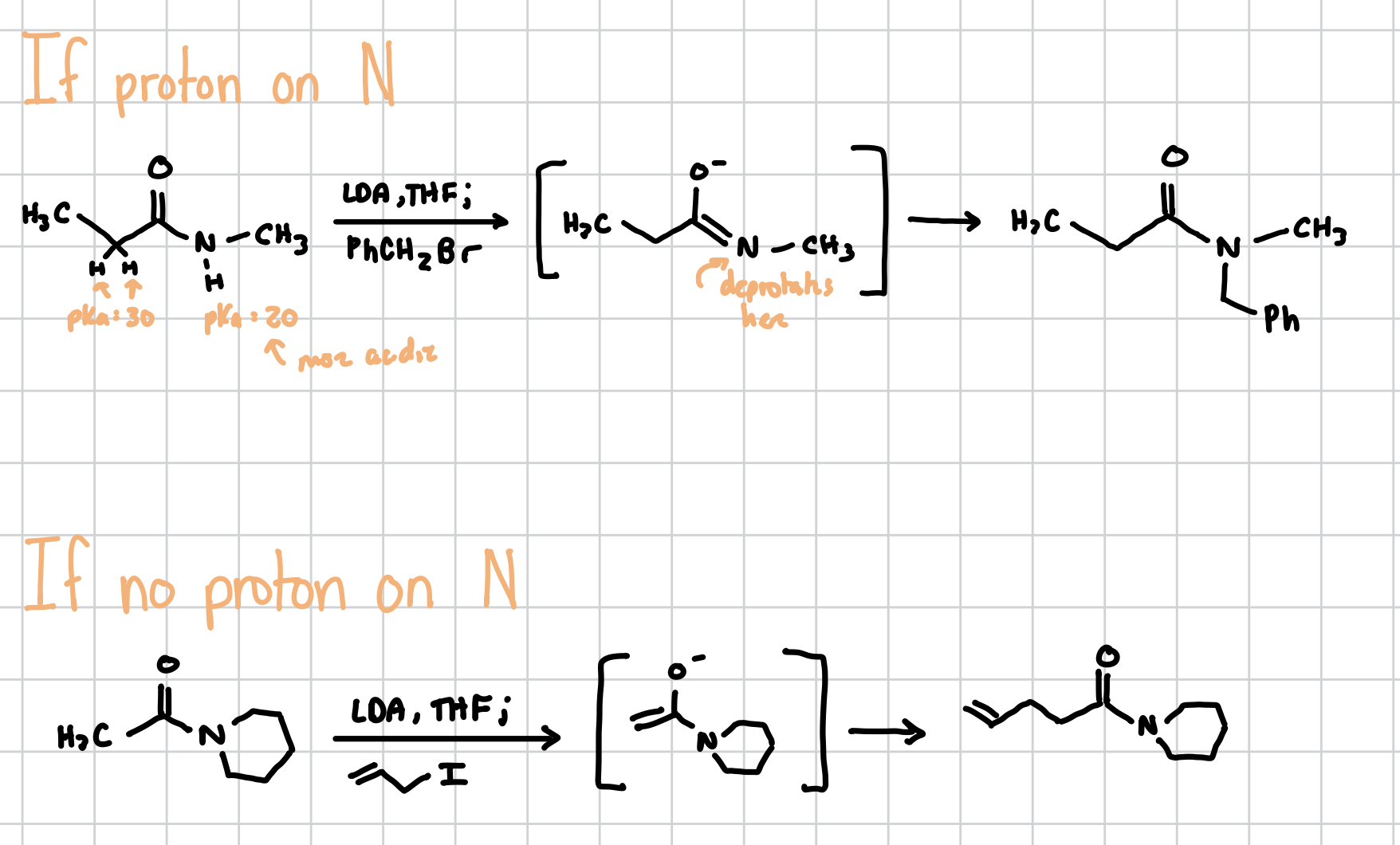 <p>If there is a proton on the N:</p><p>Add directly to the N </p><p>Reagents: LDA, THF; PhCH2Br</p><p>If there is no proton on the N: </p><p>Add to the other side of the enolate at the end of its point </p>