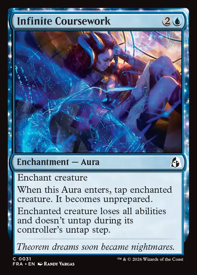 <p>Enchant creature</p><p>When this Aura enters, tap enchanted creature. It becomes unprepared.</p><p>Enchanted creature loses all abilities and doesn’t untap during its controller’s untap step.</p>