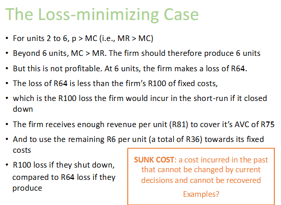 <p><span>The firm would lose <strong>R100 if it shuts down</strong> because of <strong>fixed costs</strong>.</span></p><ul><li><p><span><strong>Fixed costs</strong> (like rent, insurance, machinery) must be paid whether the firm produces or not.</span></p></li><li><p><span>If the firm shuts down in the short run, it earns <strong>zero revenue</strong> but still owes those fixed costs.</span></p></li></ul><p></p>
