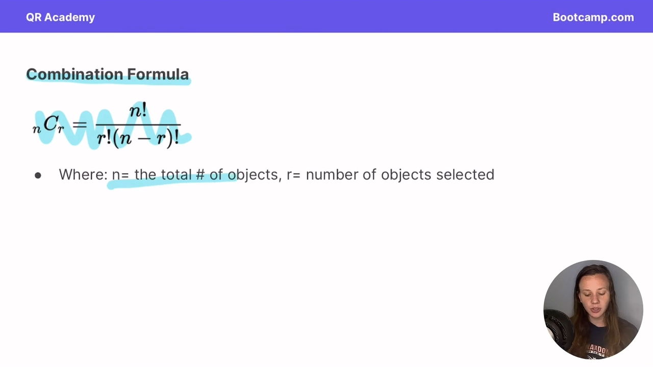 <p>n!/r!(n-r)!</p><p>n= number of objects, r = number of objects selected </p><p></p><p>select</p>