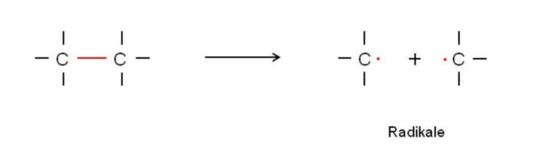 <ul><li><p>Moleküle mit ungepaarten Elektronen</p></li><li><p>sehr reaktiv </p></li><li><p>durch homolytische Spaltung </p></li></ul><p></p>