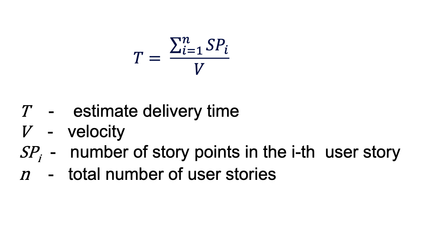 <p>Sum of all story points / velocity </p>