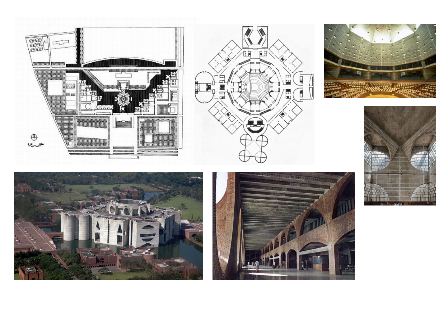 <p>1947, India is partitioned (Bangladesh=East Pakistan), Bangladesh needs a capital, Khan is comissioned. Centrally aligned around a “chamber”, man-made water moat. Wall complex surrounding it like a fortified city, includes meeting rooms, offices and mosque. Main purpose is the legislature, and everything around it serves it: “servant and served spaces.” Building facades made of brick, have circular aperture motifs. A lot of shading in the indoor outdoor walkway, allowing circulation to control the heat and keep the interiors dry. Made of concrete. Central vaulting is an entire story higher to get natural light that’s reflected down into the central meeting chamber. people describe haunting presence and magnificence. </p>