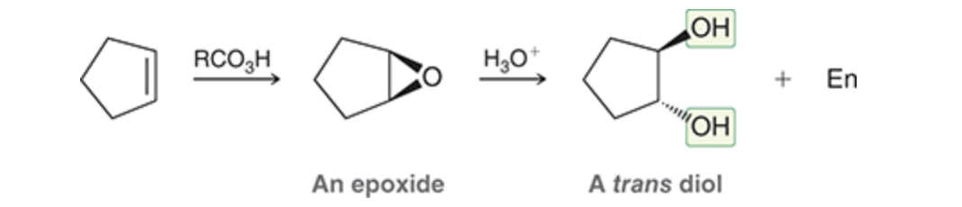 <p>anti-addition, 1)MCPBA + 2) H2SO4, H2O, pair of enantiomers, adds two -OH groups, “epoxide” intermediate, creation of diols </p>