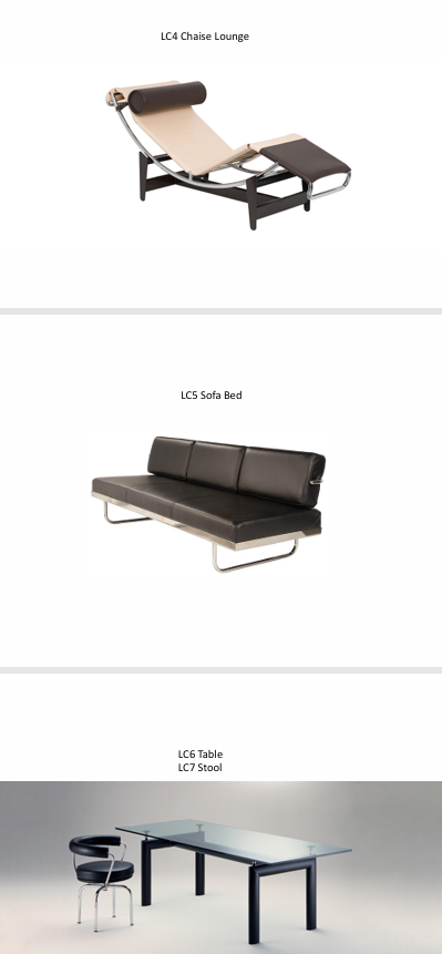 <p>LC1. Basculant Chair</p><p>LC2. &amp; LC3. Grand comfrort chair  (LARGE AND PETIT)</p><p>LC4. Chaise loing</p><p>LC5. Sofa Bed</p><p>LC6. Table</p><p>LC7. Stool</p>