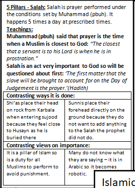 <p>“Prostrate and draw near to God”<br><br>“The key to paradise is salah and the key to salah is wudu”- To enter paradise Muslims must pray. To pray properly a Muslim must be physically clean through wudu”<br><br>“The closet that a servant is to his LORD is when he is in prostration”</p><p></p><p></p><p>“The first matter that the slave will be brought to account for on the Day of judgement is the prayer”</p>