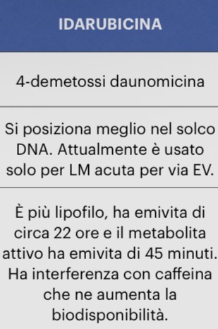 <ul><li><p><strong><u>P4</u></strong></p><ul><li><p>NO sostitutente metossilico </p></li><li><p>facilita intercalazione</p></li><li><p>aumetna la stabilità del complesso ternario</p><ul><li><p>idarubicina-DNA-topoisomerasi 2</p><ul><li><p>azione antitumorale</p></li></ul></li></ul></li></ul></li><li><p><strong><u>PK</u></strong></p><ul><li><p>OS</p></li><li><p>associata anche con altri farmaci alcune volte</p></li></ul></li><li><p><strong><u>impiego terapeutico</u></strong></p><ul><li><p>leucemie</p><ul><li><p>anche bambini</p></li></ul></li></ul></li></ul><p></p>