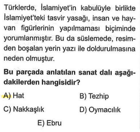<p>Metinde özellikle "yazı ile doldurulma" vurgusu yapılmıştır. Güzel yazı yazma sanatına <strong>Hat</strong> sanatı denir.<br>Tezhip (süsleme), Ebru (su üzeri boyama) ve Nakkaşlık (minyatür/resim)</p>