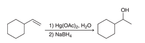 <p>The two groups being added across the alkene are H and OH. The OH group is installed at the more substituted carbon atom, so we must use conditions that give a Markovnikov addition of H and OH. This can be accomplished via oxymercuration-reduction</p>