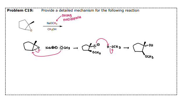 <p><strong>#7) Reactions of Epoxides: __________</strong></p><ul><li><p>Strong Nucleophiles do not require an acid catalyst </p></li><li><p><span style="color: blue;"><strong><em><mark data-color="yellow" style="background-color: yellow; color: inherit;">Opens the epoxide on the less-substituted side (regioselective) </mark></em></strong></span></p></li><li><p>Stereoselectivity: <span style="color: red;"><strong>Anti-Addition</strong></span></p><ul><li><p>Attack </p></li><li><p>Protonate </p></li></ul></li></ul><p>Some instances require a workup step</p>