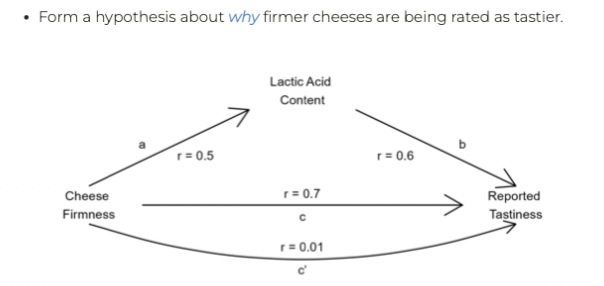 <ul><li><p>Lactic acid content <strong>mediates</strong> the relationship between cheese firmness &amp; tastiness</p></li><li><p><span>Related not casual</span></p></li><li><p><span>Variance in lactic acid why see relationship between cheese firmness and tasiness.</span></p></li></ul><p></p>