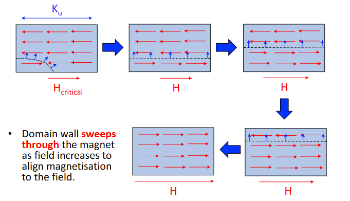<p>Mechanism 3: Domain Wall Motion</p><ul><li><p>Occurs after domains are created by nucleation</p></li><li><p>Expand by domain wall motion</p></li></ul><p></p>