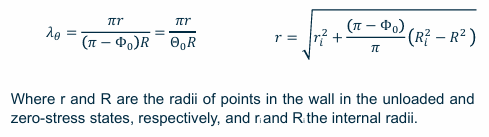 <p>𝜃=pi r / O R where r and R are the radii of points in the wall in the unloaded and zero-stress states respectively and r and R the internal radii</p>