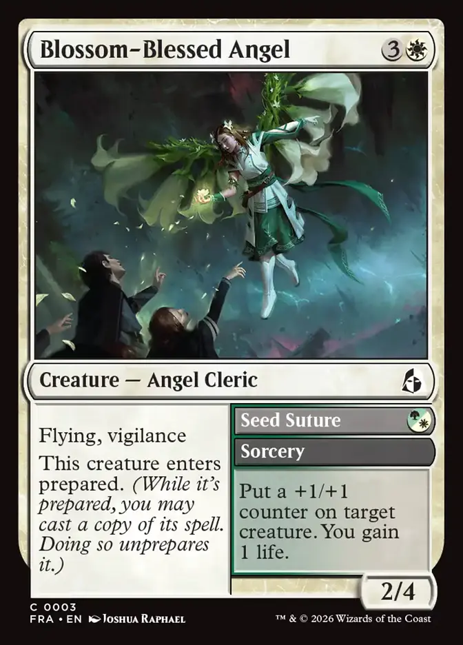 <p>Flying, vigilance</p><p>This creature enters prepared. <em>(While it’s prepared, you may cast a copy of its spell. Doing so unprepares it.)</em></p><p><span style="background-color: transparent;">Seed Suture G/W</span></p><p>Sorcery</p><p>Put a +1/+1 counter on target creature. You gain 1 life.</p>
