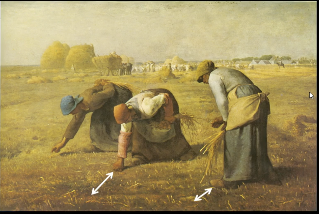 <p><span>"gleaning":</span><br><span>picking up the remains after a harvest</span><br><br><span>not "heroic"</span><br><br><span>all bodies, no faces: absence of the individual</span><br><br><span>not "sublime"</span></p><p></p><p><span>a scene without a narrative</span></p>