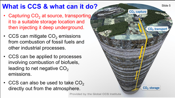 <p>capturing CO2 at source, transporting it to a suitable storage location and then injecting it deep underground</p>