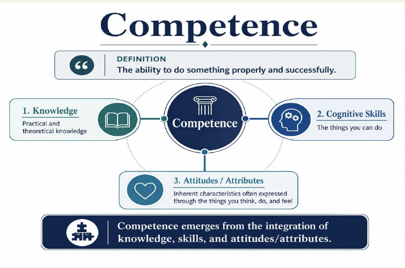 <p>-the ability to do something properly and successfully; emerges from integration of the following to influence our behavior…</p><ol><li><p><strong>Knowledge:</strong> practical and theoretical knowledge</p></li><li><p><strong>Cognitive skills:</strong> the things you can do</p></li></ol><ul><li><p>reason and apply knwoledge; ex=clinical decision making</p></li></ul><ol start="3"><li><p><strong>Attitudes/Attributes:</strong> Inherent charactertics often expressed through the things you think, do, and feel</p></li></ol><ul><li><p>influence behavior; ex=clam vs anxious in scenario changes way you go about</p></li></ul><p>*^”KSA”</p>