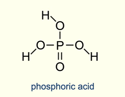 <p>Three hydrogen atoms, each bonded to oxygen (very electronegative , so phosphoric acid is polar )</p><p>Oxygen atoms have partial negative charge, hydrogen atoms have partial positive charge</p><p></p>