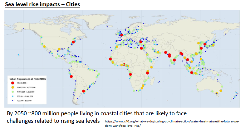 <p>Even a 50 cm rise in sea-levels can lead to:</p><p>• Major flooding during extreme weather events</p><p>• Damage to infrastructure (electrics, public transport, sewerage)</p><p>• Saline incursion into aquifers and soils</p><p>• Disruption to ports and other supply chains</p>