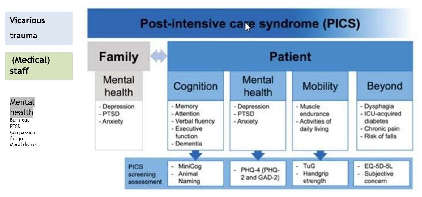 <p>Post-Intensive Care Syndrome</p><p>Invloed op</p><ul><li><p><u>patiënt</u></p><ul><li><p>cognitie</p></li><li><p>mentaal welzijn</p></li><li><p>mobiliteit</p></li><li><p>andere, <em>vb. valrisico</em> — fysieke gevolgen niet direct door ziekte, maar behandeling</p></li></ul></li><li><p><u>omgeving van patiënt</u></p><ul><li><p>mentaal welzijn</p></li></ul></li></ul><p>50-80% van ICU survivors heeft PICS: negatieve invloed op QOL</p>