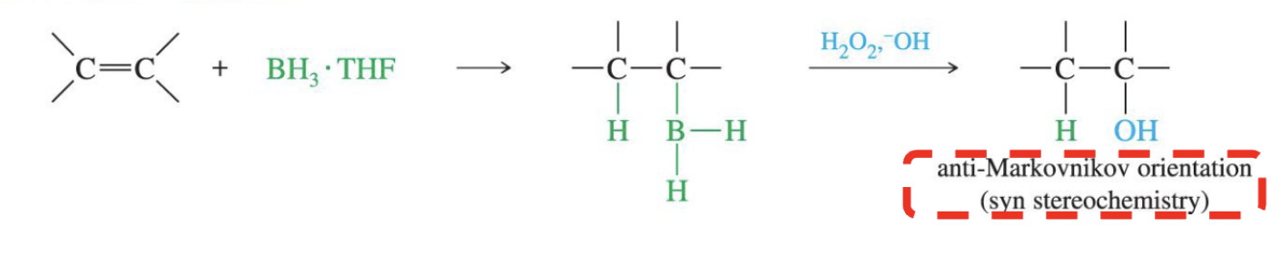 <p>anti-Markovnikov, synaddition, has boron</p>