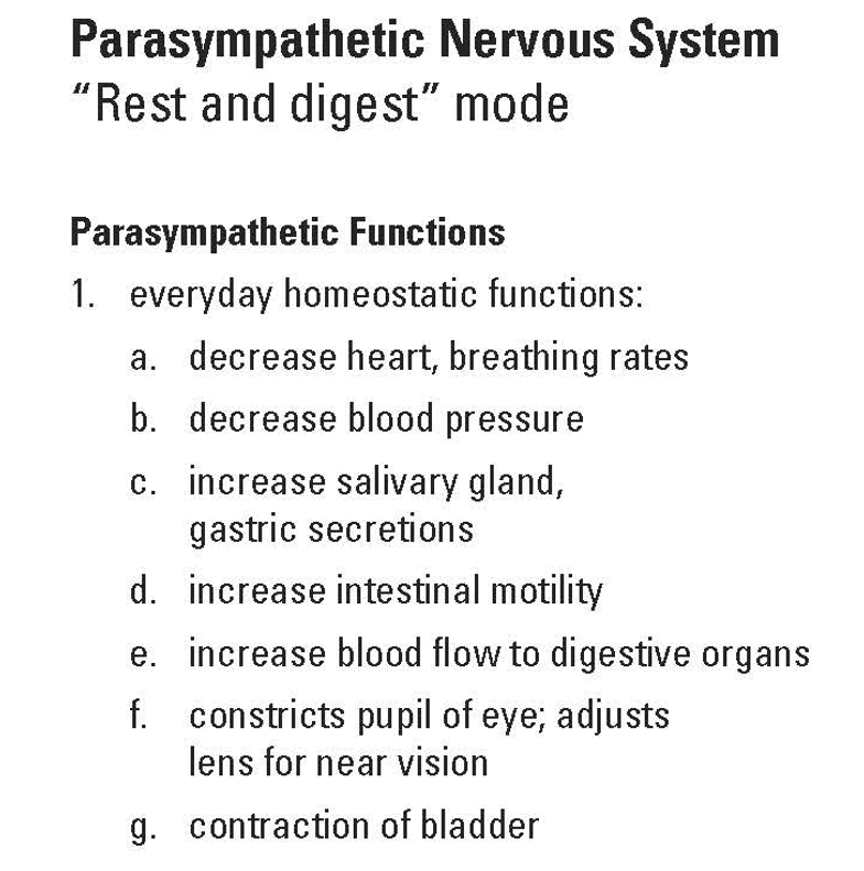 <p><span><strong><em>(“rest &amp; digest” mode)</em></strong></span></p><p><span>–Parasympathetic system is active when body is well fed and at rest</span></p><p><span><u>Inhibitory actions</u>:</span></p><ul><li><p style="text-align: left;"><span>Slows heart/breathing rates</span></p></li><li><p style="text-align: left;"><span>Vasodilation for increased blood flow to digestive organs</span></p></li></ul><p style="text-align: left;"><span><u>Excitatory actions</u>:</span></p><ul><li><p style="text-align: left;"><span>Increased digestive organ activity</span></p></li><li><p style="text-align: left;"><span>Increased digestive gland secretions</span></p></li><li><p style="text-align: left;"><span>Contraction of bladder (urination)</span></p></li></ul><p style="text-align: left;">–<span>Has <u>organ-specific responses</u></span></p><ul><li><p style="text-align: left;"><span>Can selectively activate input to individual organs</span></p></li></ul><p></p>