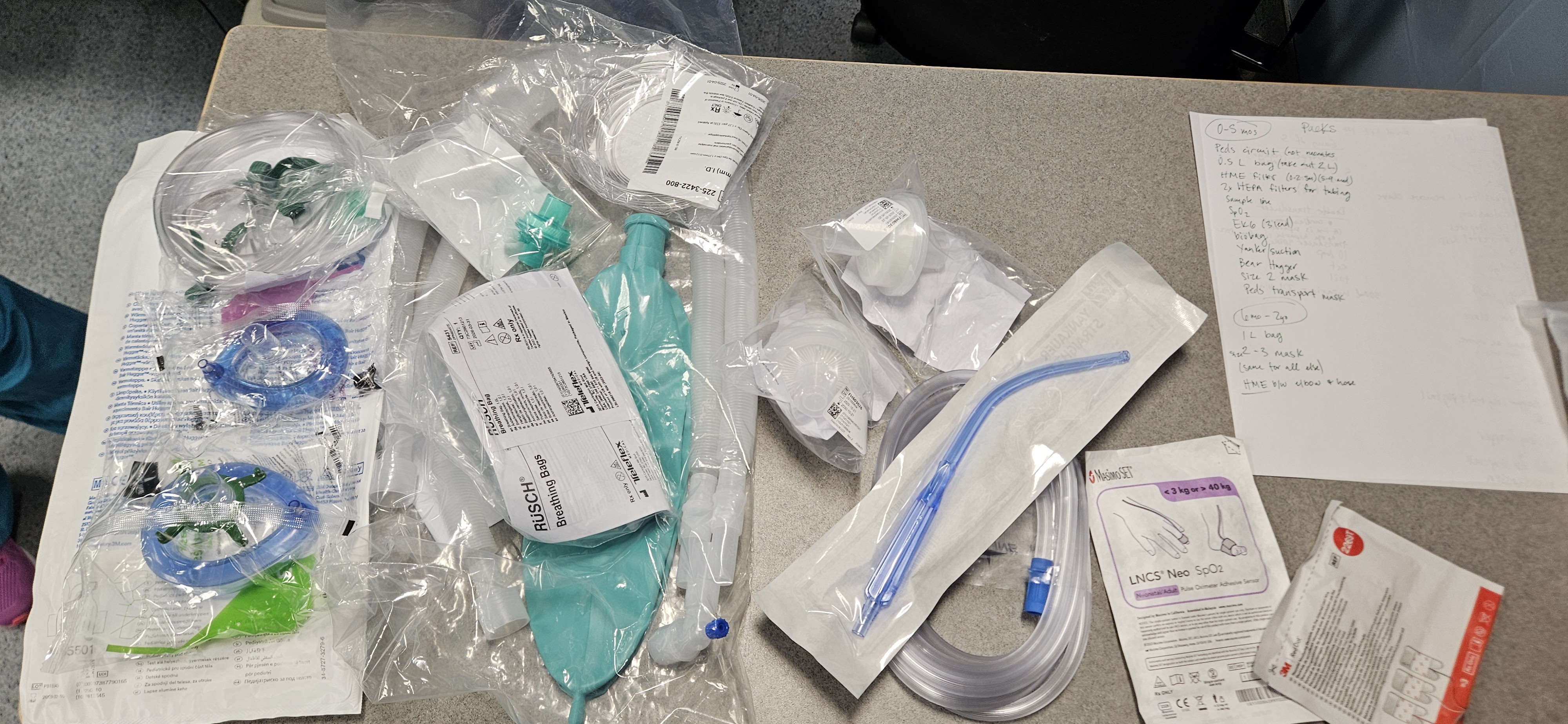 <p><strong>Build Kit From Scratch:</strong></p><p>Peds circuit (not neonates)</p><p><strong>1 L Reservoir Bag</strong></p><p>HME filter (b/w elbow &amp; tubing)</p><p>2x HEPA filters </p><p>CO2 Sample line</p><p>Purple PulseOx</p><p>3-Lead EKG Pads</p><p>Biobag</p><p>Yankauer/Suction Tubing</p><p>Peds Bear Hugger</p><p><strong>Size 2 &amp; 3 Mask</strong></p><p>Peds Transport Mask</p>