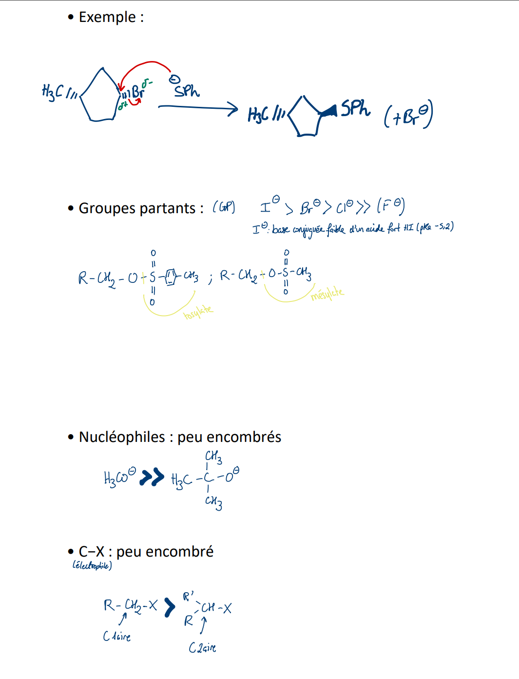 <ul><li><p>Décris : Rate dépend de la concentration en Nu et en E, 1 seule étape, inversion de la configuration, réaction STEREOSPECIFIQUE</p></li><li><p>S<strong>OLVANts favorables Sn2 : POLAIRES ET APROTIQUES. Augmentent la nucléosité du nucléophile.</strong></p></li></ul><p></p>