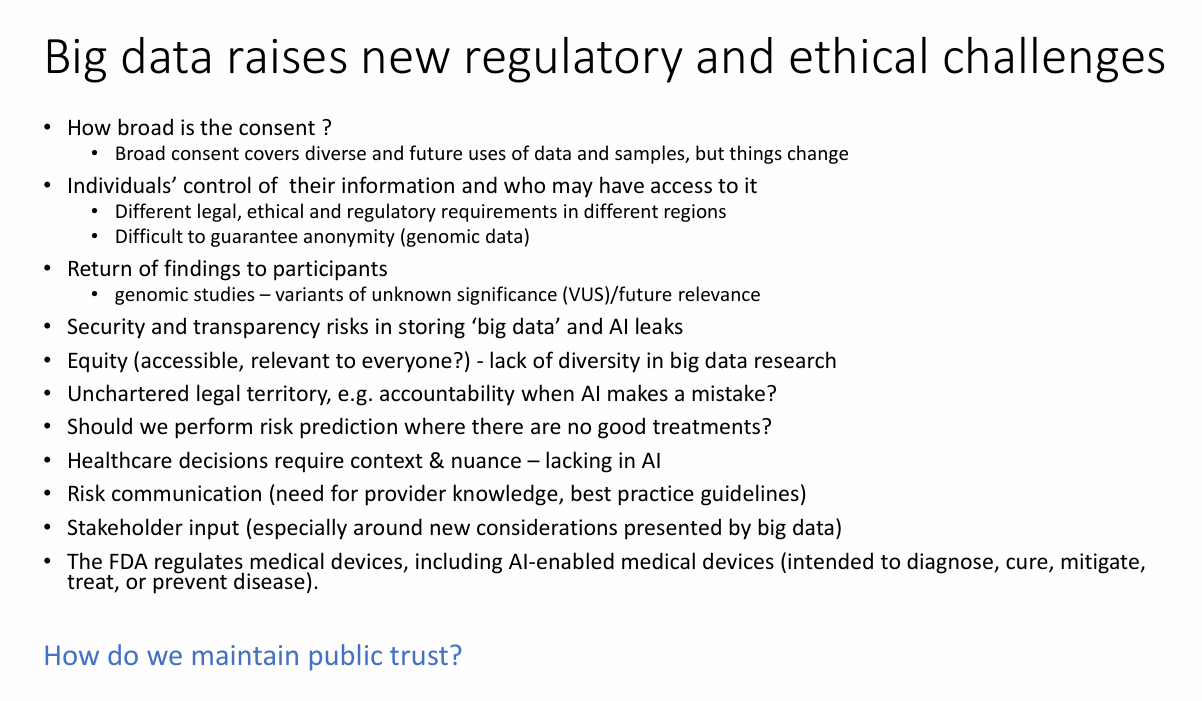 <p>What clinical and regulatory questions arise when deploying AI and big-data risk models?</p>