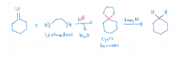<ol><li><p>Add H+ and remove Water to form cylic compound from dithiol</p></li><li><p>Add <u>Rarey NI</u> to break cyclic compound and replace with Hs</p></li></ol><p></p>