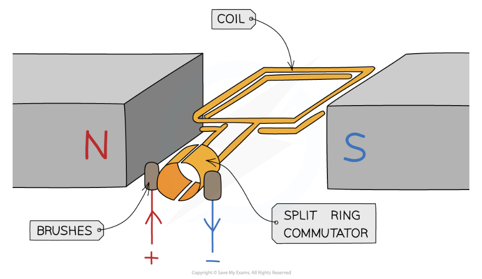 <ul><li><p>As the coil rotates, it <strong>cuts</strong> through the field lines</p><ul><li><p>This <strong>induces a potential difference</strong> between the end of the coil</p></li></ul></li><li><p>The split ring commutator changes the connections between the coil and the brushes every half turn in order to keep the current leaving the dynamo in the <strong>same direction</strong></p><ul><li><p>This happens each time the coil is perpendicular to the magnetic field lines</p></li></ul></li></ul><ul><li><p>Therefore, the induced potential difference <strong>does not reverse</strong> its direction as it does in the alternator</p></li><li><p>Instead, it varies from zero to a maximum value twice each cycle of rotation, and never changes polarity (positive to negative)</p><ul><li><p>This means the current is always&nbsp;<strong>positive</strong> (or always&nbsp;<strong>negative</strong>)</p></li></ul></li></ul><p></p>
