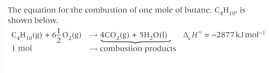 <p>enthalpy change of combustion with equation:</p>