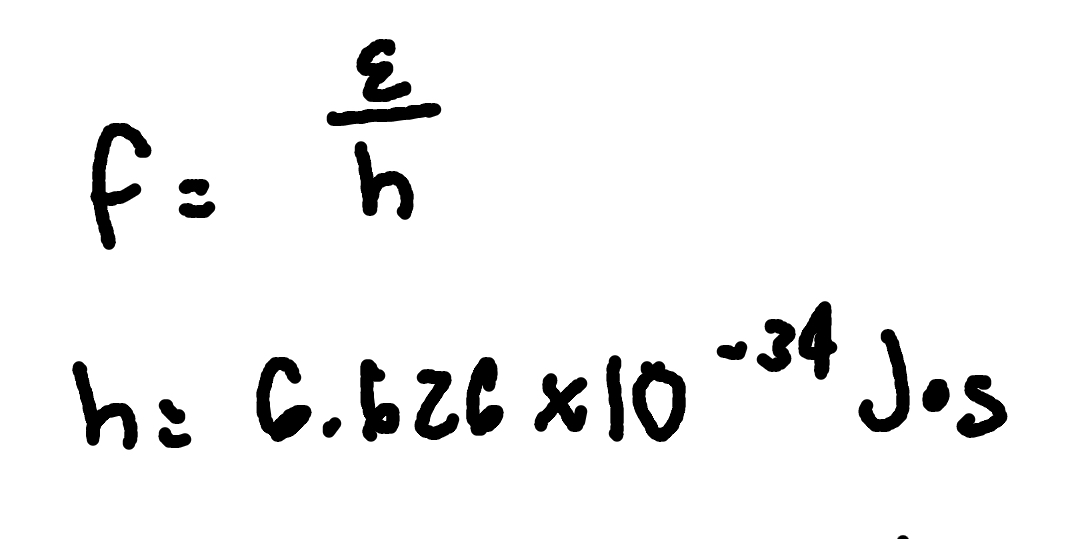 <p>where</p><p>f = frequency</p><p>h = Planck’s constant (6.626 × 10^-34 J x s)</p><p>E = total energy</p>