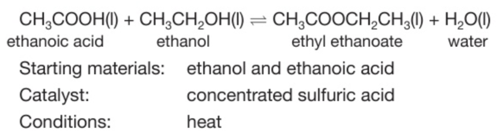 <p><strong>Heat </strong>a mixture of ethanoic acid and ethanol with a few drops of concentrated sulfuric acid.</p>